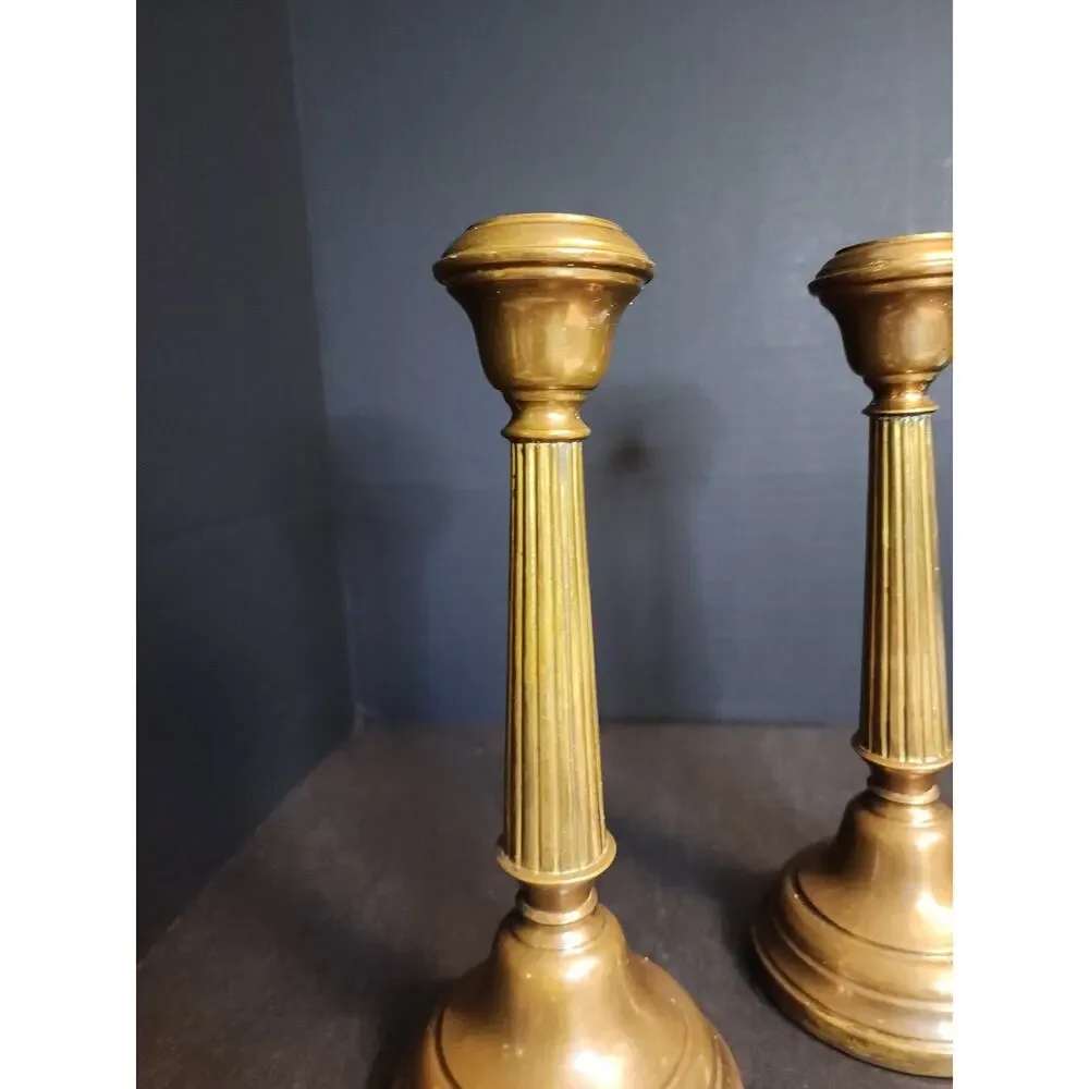 Pair of Antique Brass Candlesticks, Copper Weighted, Column Fluted 8.5